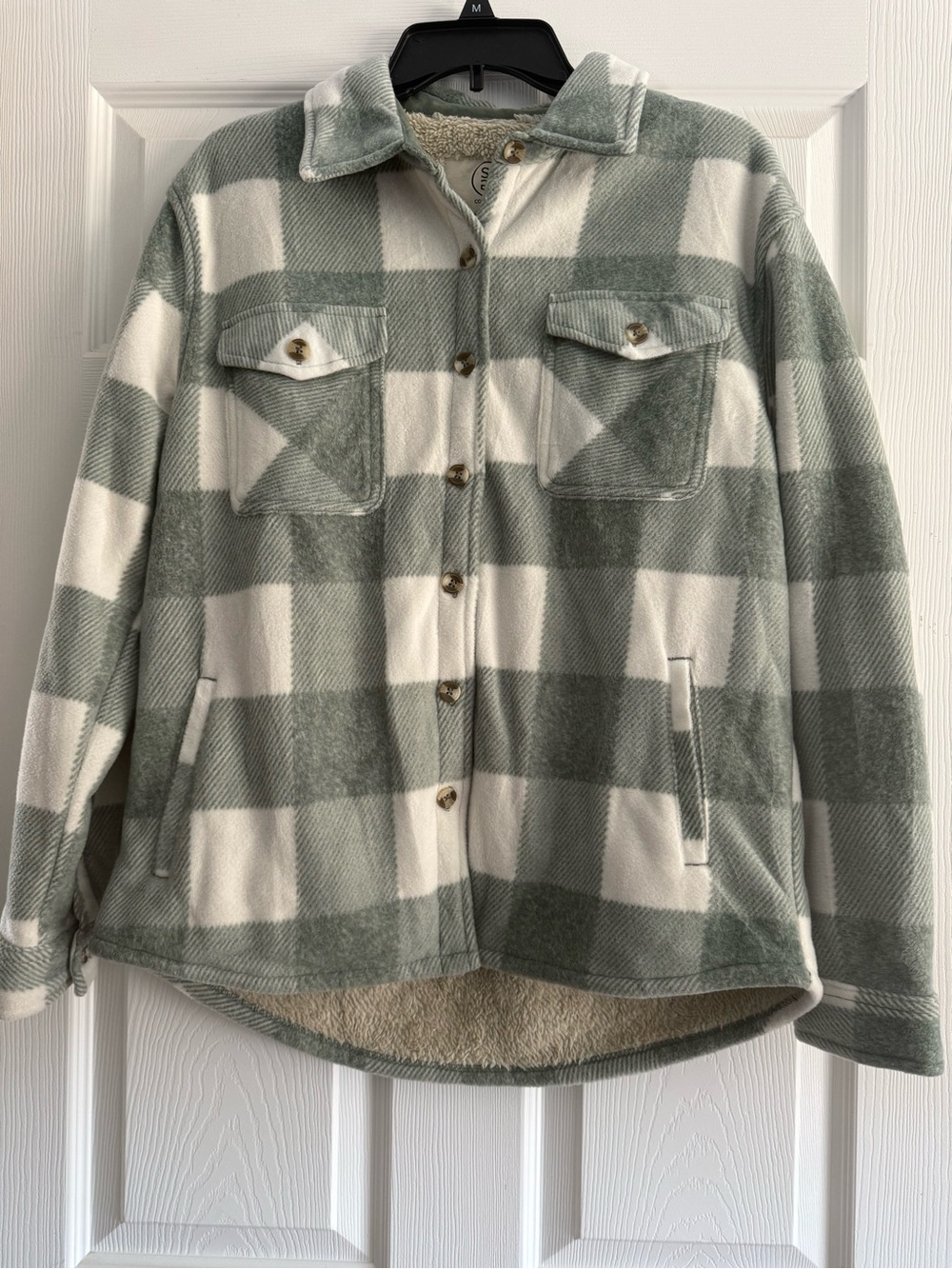 Cozy Plaid Teddy Shacket in Sage and Cream